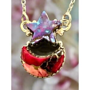 Purple Mohave Turquoise & Red Dahlia Star & Moon Sterling Silver Necklace